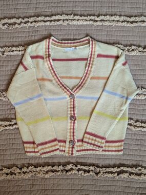 Lush Women’s Cream Striped Button Cardigan Sweater (Loose Fit)